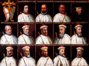 A Gének Köztársaságának címere és a dózsák portréi – Simone Boccanegra, Ottaviano Fregoso és Antoniotto II Adorno; Andrea Doria. Szereplők: Oberto Cattaneo Lazzari, Battista Spinola, Battista Lomellini, Cristoforo Grilaldi Rosso, Giovanni Battista Doria