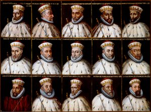 A Gének Köztársaságának címere és a dózsák portréi. Gio. Battista Gentile Pignolo, Nicolò Doria, Gerolamo De Franchi Toso, Gerolamo Chiavari, Ambrogio Di Negro, Davide Vacca (vagy Vaccari), Battista Negrone, Gio Giustiniani Campi, Antonio Grimal