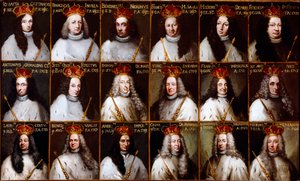 A Gének Köztársaságának címere és a dózsák portréi. Giovanni Battista Cattaneo, Francesco Invrea, Negrone Bendinelli, Francesco Maria Sauli, Girolamo De Mari, Federico De Franchi, Antonio Cebà Grimaldi, tisztelt Stefano Ferreti, Domenico De Ma