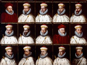 A Gének Köztársaságának címere és a dózsák portréi. Silvestro Invrea, Gerolamo Assereto, Agostino Pinello Luciani, Alessandro Giustiniani Longo, Tomaso Spinola, Clavarezza Bernardo, Giovanni Giacomo Imperiale (Tartaro), Pietro Durazzo, Ambrog