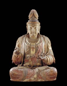 A Bodhisattva Guanyin (fa, gesso, ásványi pigmentek és arany)