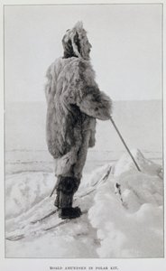 Roald Amundsen sarki felszerelésben, a "Déli-sark..." című, 1912-ben megjelent kiadványból (litográfia). alkotó: Norwegian School