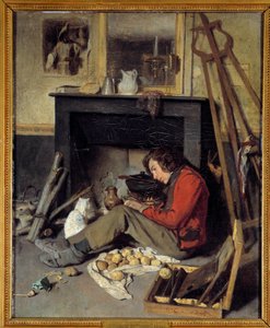 Műhelybelső Egy festő a kandallója közelében. Octave Tassaert (1800-1874) festménye 1845 V. 0,46x0,38 m