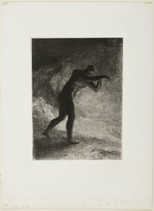 És megjelent az ember; Megkérdőjelezve a Földet, amelyből előkerült, és amely vonzotta őt, utat tört magának a komor fényesség felé, a "Les Origines" 8/8-as táblája alkotó: Odilon Redon