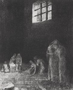 Az árnyékban emberek sírnak és imádkoznak... alkotó: Odilon Redon