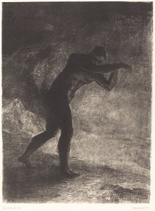 És megjelent az Ember; megkérdőjelezve a Földet, ahonnan kijött, és ami vonzza őt, elindult a komor fényesség felé.) alkotó: Odilon Redon