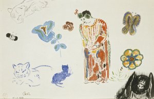 Tanulmánylap: nő, virágok és állatok alkotó: Odilon Redon