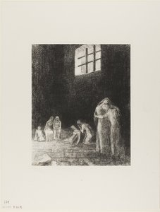 Az árnyékban emberek vannak, sírnak és imádkoznak, körülvéve másokkal, akik buzdítják őket, 6/24. tábla alkotó: Odilon Redon