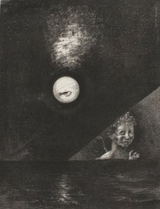 A horizonton a bizonyosság angyala, és a komor égben egy kérdő tekintet, negyedik lemez a To Edgar Poe című kötetből. alkotó: Odilon Redon