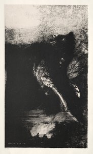 A kiméra zöld szemekkel fordul, öblök alkotó: Odilon Redon