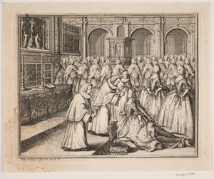 Hersleb püspök felkeni Lujza királynőt a Frederiksborg-palotatemplomban. Illusztráció IV. Frederik kenetének aktusához alkotó: Odvardt Helmoldt de Lode