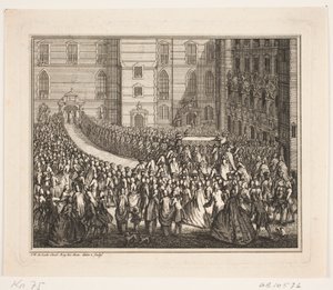 V. Frigyes király körmenetben a felkenési szertartáson a Frederiksborg-palotatemplomban. Illusztráció IV. Frederik kenetének aktusához alkotó: Odvardt Helmoldt de Lode