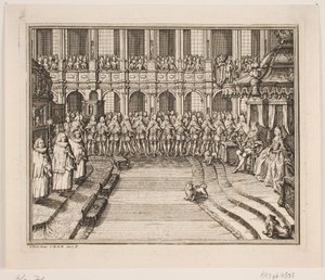 V. Frigyes király és Lujza királyné a felkenési szertartás során a Frederiksborg palotatemplomban. Illusztráció IV. Frederik kenetének aktusához alkotó: Odvardt Helmoldt de Lode