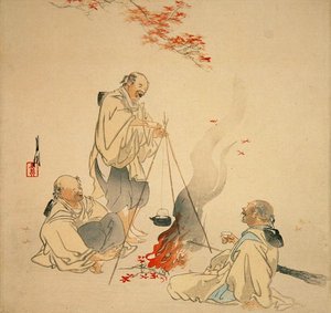 Sake ivás a juharfa alatt, 1890-es és 1900-as évek (színes fatömbnyomat) alkotó: Ogata Gekko
