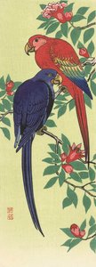 Egy vörös és egy kék papagáj, Ohara Koson japán művésztől alkotó: Ohara Koson