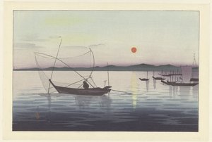 Hajók és a lenyugvó nap. alkotó: Ohara Koson