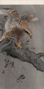 Sas széttárt szárnyakkal a fa törzsén (színes fatömbnyomat) alkotó: Ohara Koson
