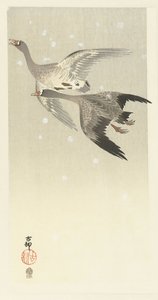 Fehérhomlokú libák repülnek a hóban alkotó: Ohara Koson