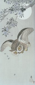 Repülő gombóc bagoly virággal és teliholddal (színes fatömbnyomat) alkotó: Ohara Koson