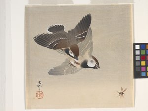 Repülő rovart kergető verebek (színes fatömbnyomat) alkotó: Ohara Koson