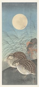Két fürj teliholdkor. alkotó: Ohara Koson