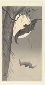 Két denevér teliholdkor alkotó: Ohara Koson