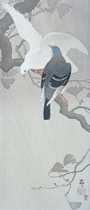Két galamb az esőben egy ginkgo fa ágán alkotó: Ohara Koson