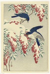Légykapók egy nandina bokoron alkotó: Ohara Koson