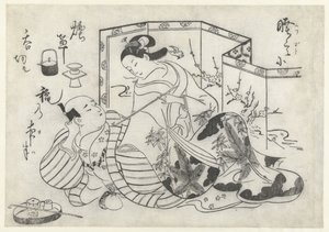 Japán férfi és nő dohányzik egy összecsukható képernyő előtt alkotó: Okumura Masanobu (attributed to)