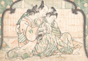 Egy fiatal férfi két nő között ül, kb. 1749., kb. 1749. alkotó: Okumura Masanobu
