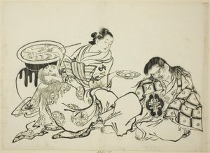Courtesan Plying Shojo Sakéval, sz. 4 egy 12 nyomatból álló sorozatból alkotó: Okumura Masanobu