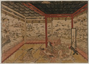 Lady Murasaki Ishiyamában, kilátással egy panorámára, hét kilátással a Biwa-tóra, 1740-es évek. alkotó: Okumura Masanobu
