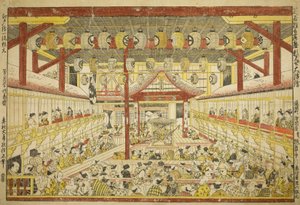 Nagy perspektíva a Kaomise-előadásról a Kabuki Színpadon alkotó: Okumura Masanobu
