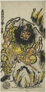 Shoki, a démonoltó kardját élezve, 1725 körül (kézzel színezett fatömbnyomat; hosoban, urushi-e) alkotó: Okumura Masanobu