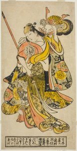 Hayakawa Shinkatsu színész Toyohime szerepében a "Goshozome Koyo Gunki" című darabban, amelyet az Ichimura Színházban mutattak be 1727 (?) tizenegyedik hónapjában. alkotó: Okumura Masanobu