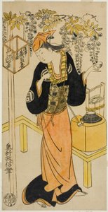 I. Sanogawa Mangiku színész Ohatsu szerepében a "Sogazaki Shinju" című darabban, amelyet a Nakamura Színházban mutattak be 1719 negyedik hónapjában. alkotó: Okumura Masanobu