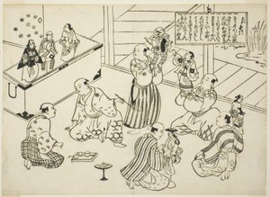 Egy bábszínház öltözője, a "Híres jelenetek a japán bábjátékokból (Yamato irotake)" sorozat tartalomjegyzéke alkotó: Okumura Masanobu