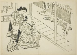 A Hanachirusato fejezet a "The Tale of Genji"-ből (Genji Hanachirusato), Genji paródiák sorozatából alkotó: Okumura Masanobu