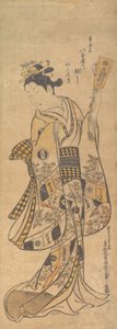 Yaoya O Shichi áll, kezében egy szerelmeslevél és egy Battledore, kb. 1748., kb. 1748. alkotó: Okumura Masanobu