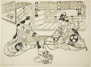 Yoshitsune (Ushiwaka) és Joruri hercegnő a "Híres jelenetek a japán bábjátékokból (Yamato irotake)" sorozatból alkotó: Okumura Masanobu