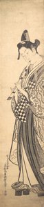 Fiatal férfi balra sétál a High Getán, és fuvolázva jár, kb. ..., kb. 1745. alkotó: Okumura Masanobu