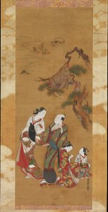 Yukihira und zwei Bräutjungfern in Suma alkotó: Okumura Masanobu