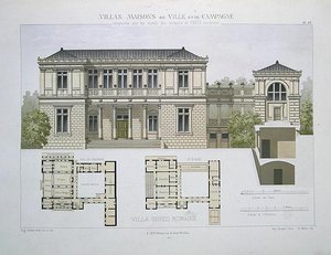 Villa Greco Romaine, Walter metszete, 49-es tábla a "Villas, Maisons de Ville et de Campagne"-ból, Paris (színes litho) alkotó: Olive (after)