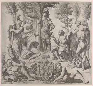 Allegorikus kompozíció hat olimposzi istennel egy páncélos alak köré csoportosulva, 1615-35., 1615-35. alkotó: Oliviero Gatti