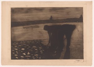 Férfi és nő éjszaka dolgoznak a folyó medrén alkotó: Omer Coppens (signed by artist)