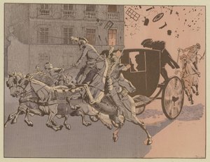 Napóleon csodálatos módon megmenekült egy bomba, a gépi pokolgép robbanása elől a Rue Saint-Nicaise-n, Párizsban, 1800. december 24. alkotó: Onfray de Breville Job