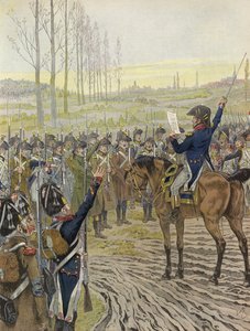 Napóleon szavait olvassák fel néhány csapatának az 1805-ös rajnai hadjárat során