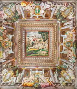 Kilátás az Adonis szobája mennyezetére és a családtagok Rossi, Gonzaga, Riario és Medici, Rocca dei Rossi, San Secondo, Parma, Olaszország emlékköveire alkotó: Orazio (attr.to) Samacchini