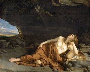 Marie Madeleine bűnbánó – Bűnbánó Mária Magdolna – Orazio Gentileschi (1563-1638). Olaj, vászon, kb 1625. Mérete: 163x208 cm. Művészettörténeti Múzeum, Vienne alkotó: Orazio Gentileschi