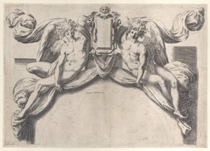 Két angyal egy kartont vagy pajzsot támogat, 1568-77., 1568-77. alkotó: Orazio de Sanctis